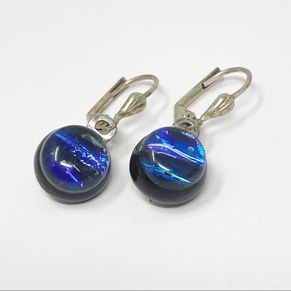 Vintage Navy Black Glass Enamel Dangle Earrings
